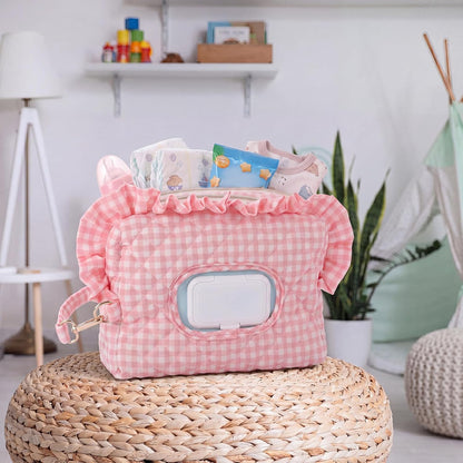 Pink Ruffle Bow Diaper and Wipe Pouch Quilted Baby Dispenser Holder Diaper and Tissue Bag Purse Portable Travel Hanging Wet Wipes Bag Diapering Clutch for Car Stroller