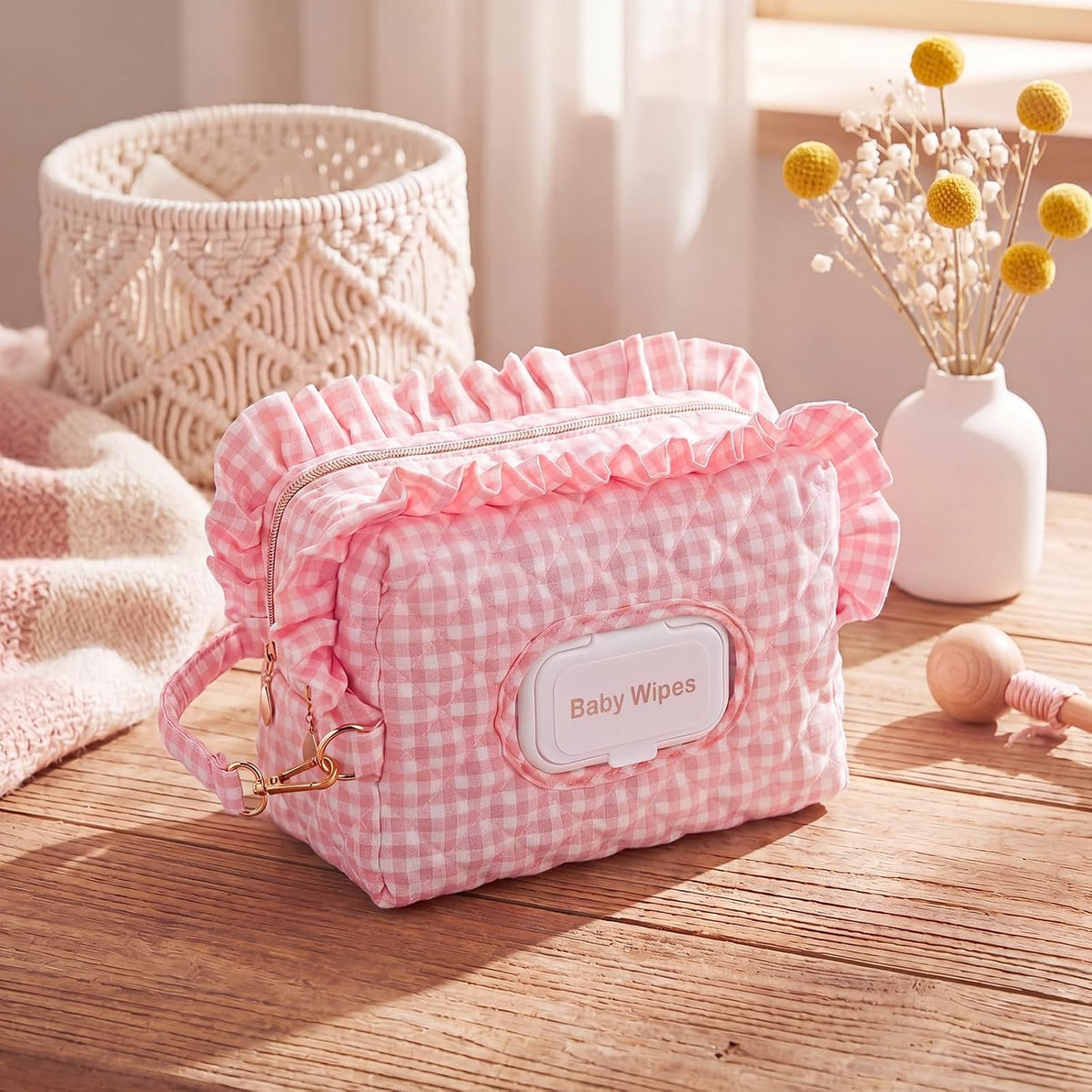 Pink Ruffle Bow Diaper and Wipe Pouch Quilted Baby Dispenser Holder Diaper and Tissue Bag Purse Portable Travel Hanging Wet Wipes Bag Diapering Clutch for Car Stroller