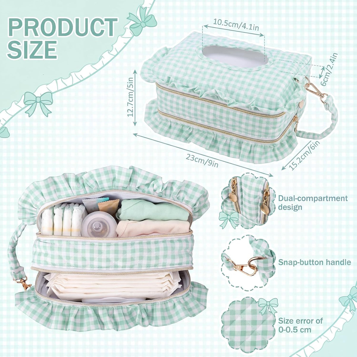 Pink Ruffle Bow Diaper and Wipe Pouch Quilted Baby Dispenser Holder Diaper and Tissue Bag Purse Portable Travel Hanging Wet Wipes Bag Diapering Clutch for Car Stroller