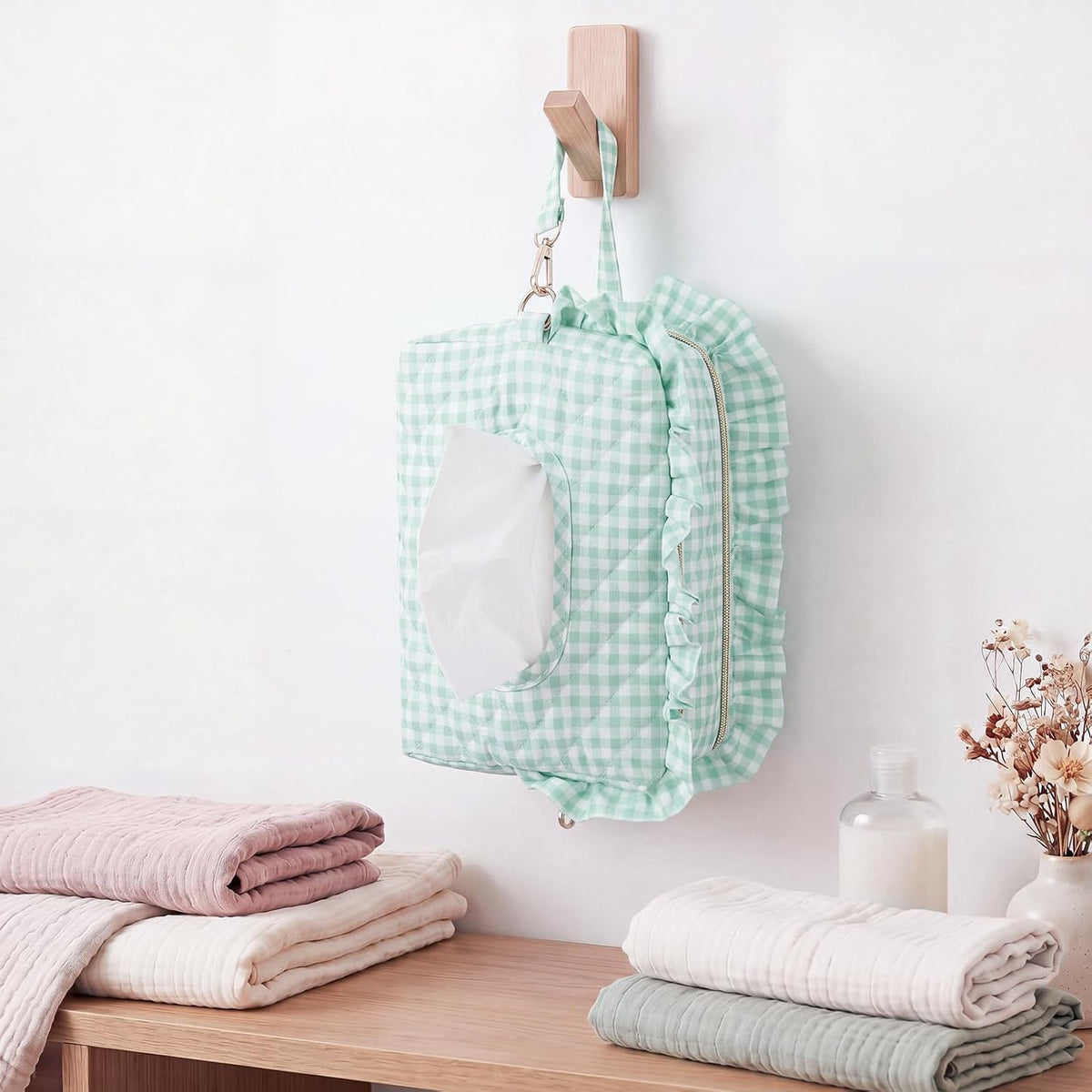 Pink Ruffle Bow Diaper and Wipe Pouch Quilted Baby Dispenser Holder Diaper and Tissue Bag Purse Portable Travel Hanging Wet Wipes Bag Diapering Clutch for Car Stroller