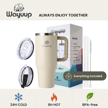 40 oz Tumbler with Handle and Straw Lid, Stainless Steel Vacuum Insulated Double Wall Water Bottle Leak-proof, Non Slip more than 24 Hrs or Hot for 6 Hrs (Bone), WPM40