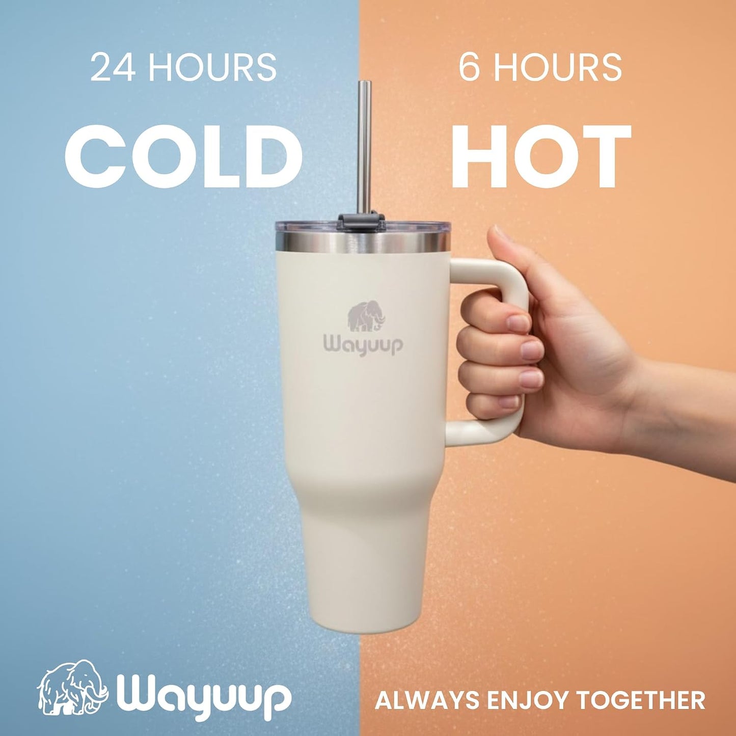 40 oz Tumbler with Handle and Straw Lid, Stainless Steel Vacuum Insulated Double Wall Water Bottle Leak-proof, Non Slip more than 24 Hrs or Hot for 6 Hrs (Bone), WPM40