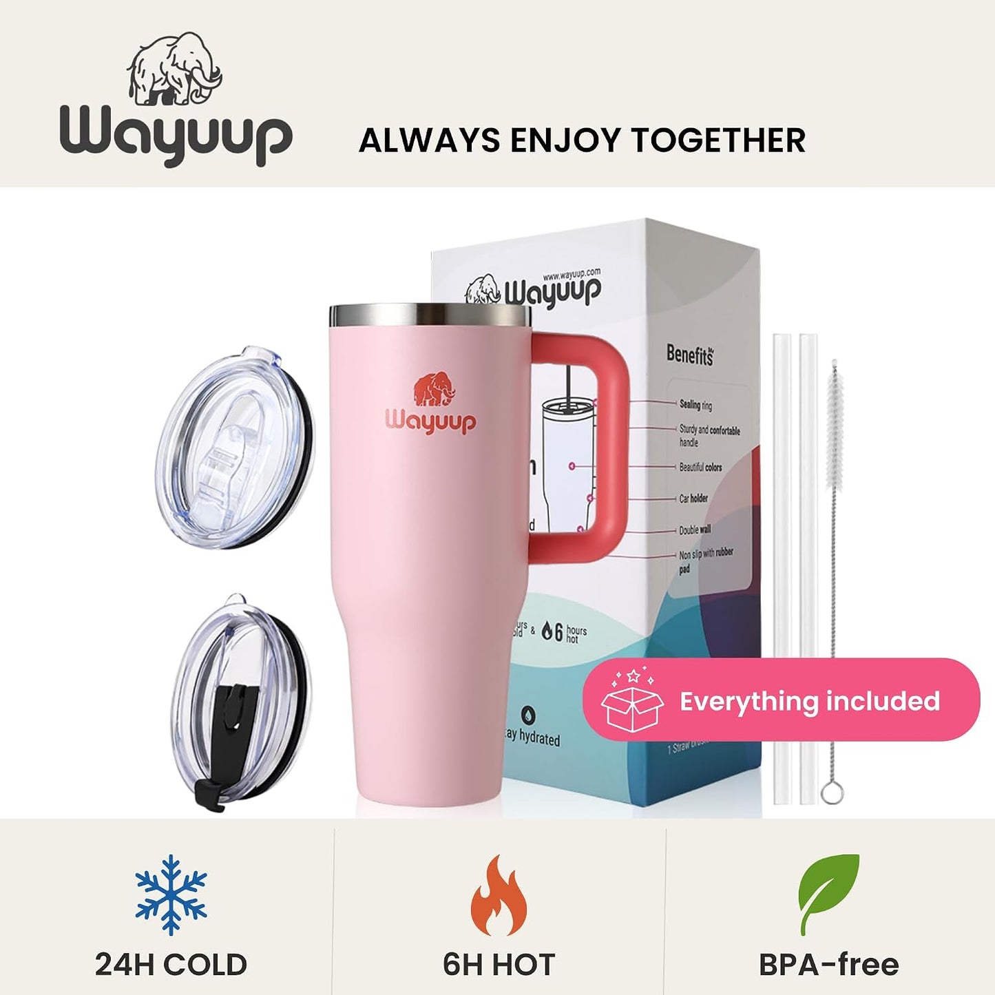 40 oz Tumbler with Handle and Straw Lid, Stainless Steel Vacuum Insulated Double Wall Water Bottle Leak-proof, Non Slip more than 24 Hrs or Hot for 6 Hrs (Bone), WPM40