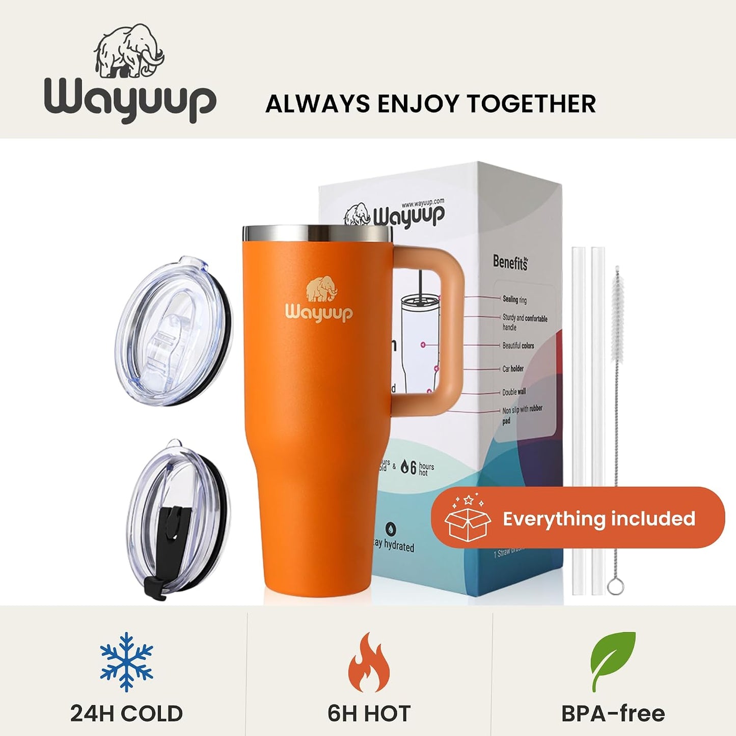 40 oz Tumbler with Handle and Straw Lid, Stainless Steel Vacuum Insulated Double Wall Water Bottle Leak-proof, Non Slip more than 24 Hrs or Hot for 6 Hrs (Bone), WPM40