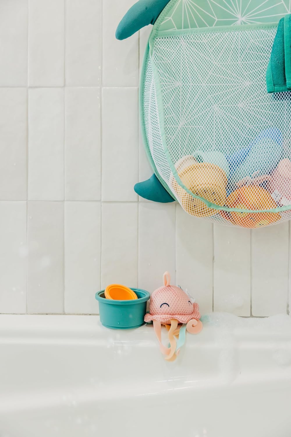 Oceana Extra-Large Mesh Bath Toy Holder with Suction Cups: Quick-Dry Bath Toy Storage Net for Bathtub, Pebbles