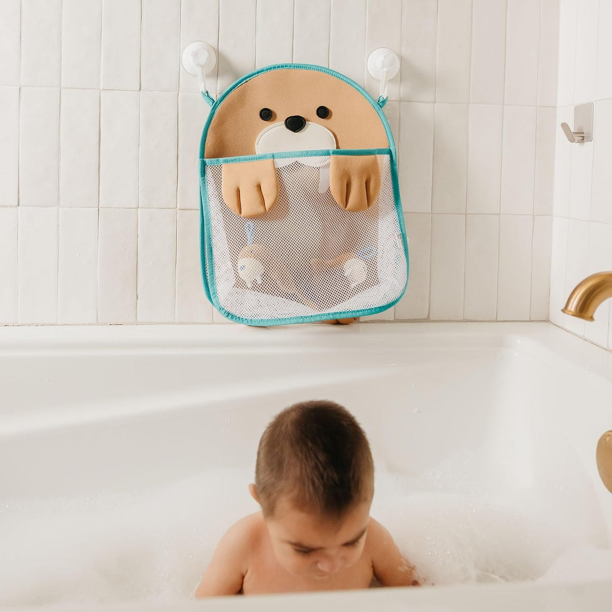 Oceana Extra-Large Mesh Bath Toy Holder with Suction Cups: Quick-Dry Bath Toy Storage Net for Bathtub, Pebbles