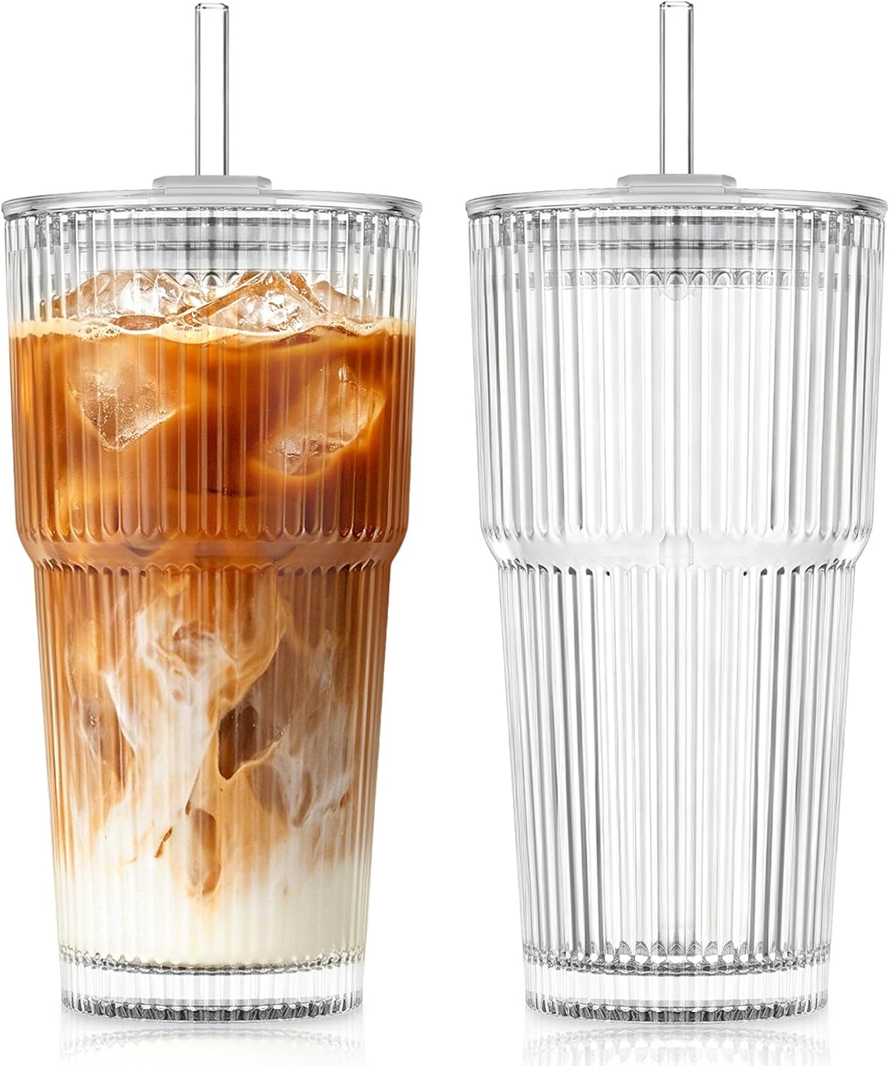 20oz Ribbed Glass Tumblers with Bamboo Lids & Straws, Boba Cups | Stainless steel straws, bamboo & leak-proof dual lids. 13mm wide straw. Vintage. For boba, iced coffee, smoothies & travel.