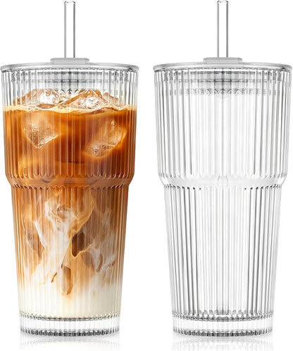 20oz Ribbed Glass Tumblers with Bamboo Lids & Straws, Boba Cups | Stainless steel straws, bamboo & leak-proof dual lids. 13mm wide straw. Vintage. For boba, iced coffee, smoothies & travel.