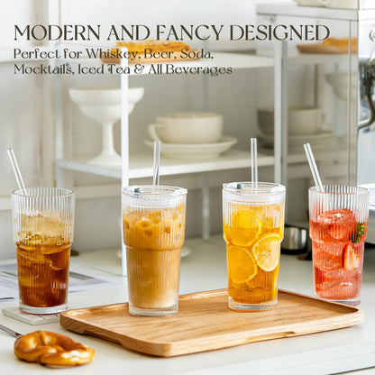 20oz Ribbed Glass Tumblers with Bamboo Lids & Straws, Boba Cups | Stainless steel straws, bamboo & leak-proof dual lids. 13mm wide straw. Vintage. For boba, iced coffee, smoothies & travel.