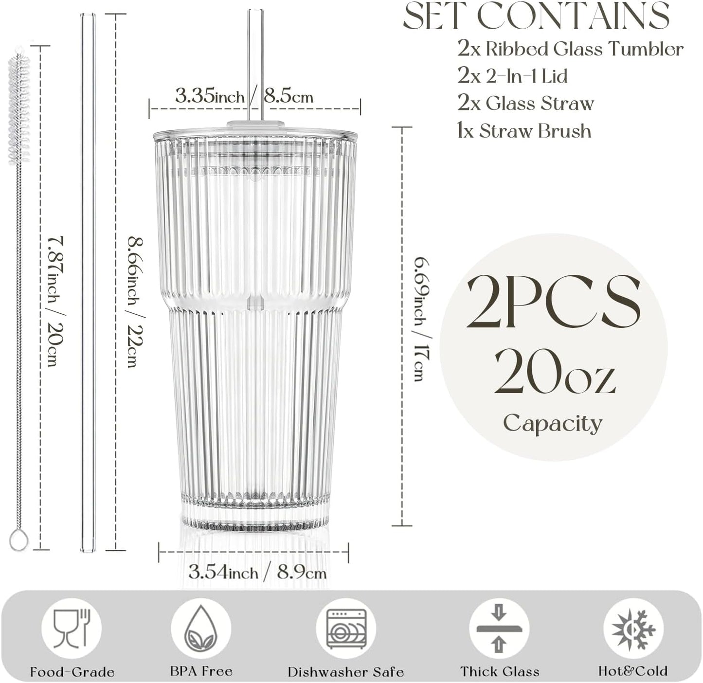 20oz Ribbed Glass Tumblers with Bamboo Lids & Straws, Boba Cups | Stainless steel straws, bamboo & leak-proof dual lids. 13mm wide straw. Vintage. For boba, iced coffee, smoothies & travel.