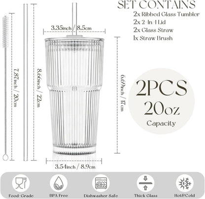 20oz Ribbed Glass Tumblers with Bamboo Lids & Straws, Boba Cups | Stainless steel straws, bamboo & leak-proof dual lids. 13mm wide straw. Vintage. For boba, iced coffee, smoothies & travel.
