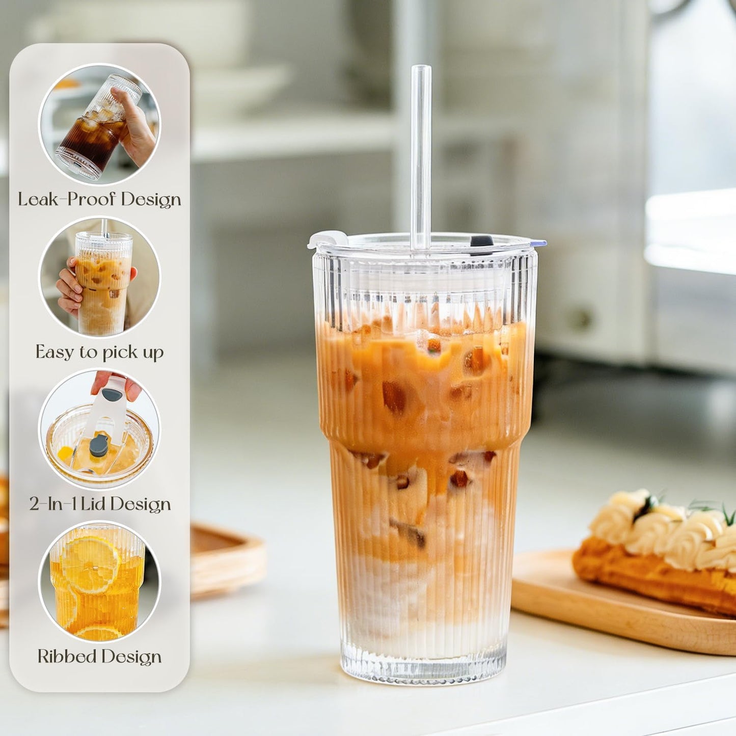 20oz Ribbed Glass Tumblers with Bamboo Lids & Straws, Boba Cups | Stainless steel straws, bamboo & leak-proof dual lids. 13mm wide straw. Vintage. For boba, iced coffee, smoothies & travel.