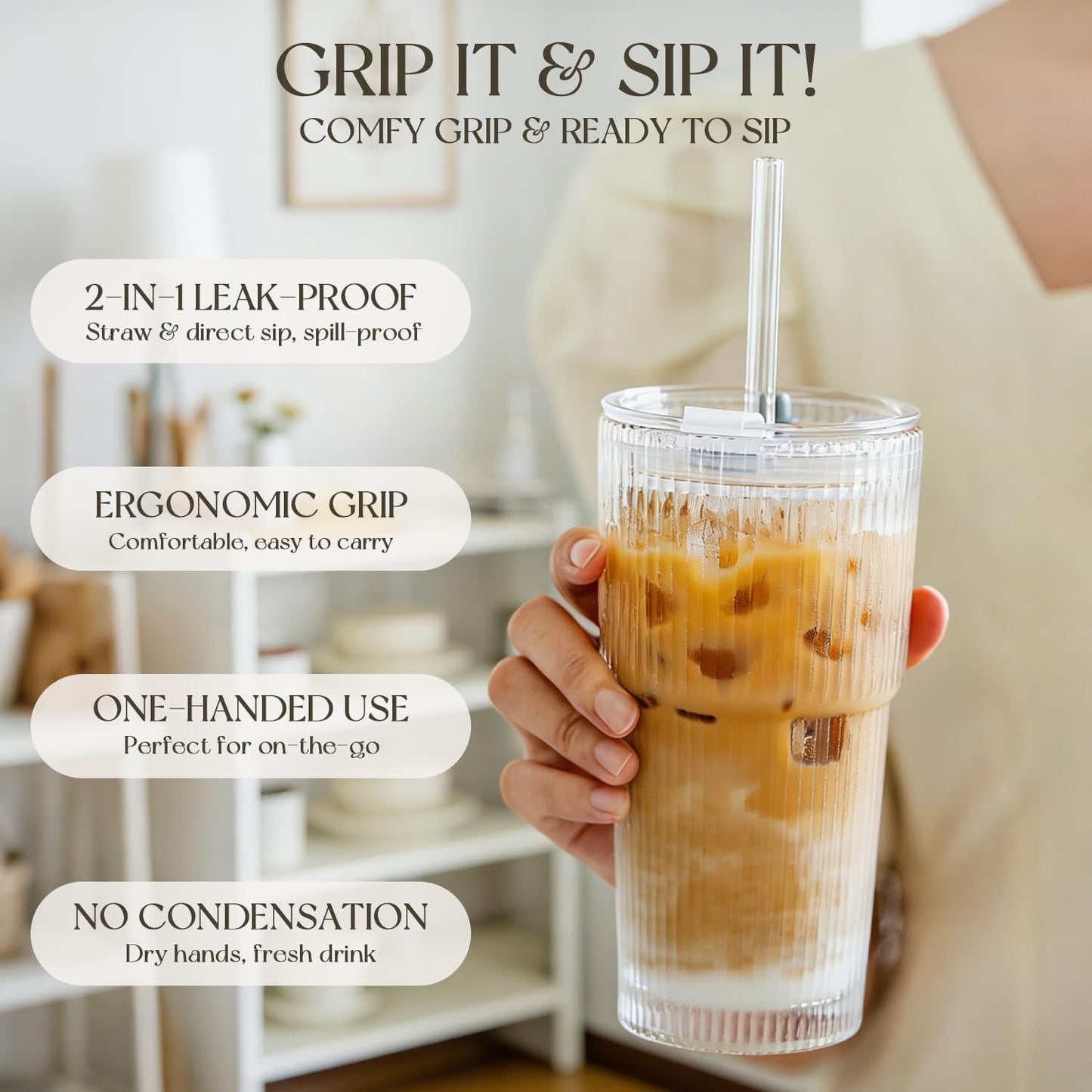 20oz Ribbed Glass Tumblers with Bamboo Lids & Straws, Boba Cups | Stainless steel straws, bamboo & leak-proof dual lids. 13mm wide straw. Vintage. For boba, iced coffee, smoothies & travel.