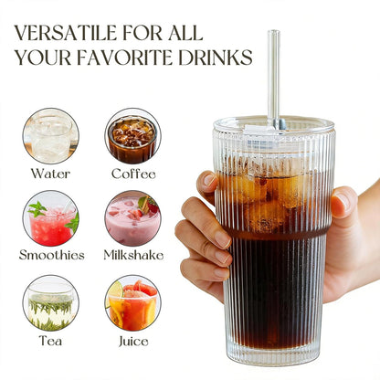 20oz Ribbed Glass Tumblers with Bamboo Lids & Straws, Boba Cups | Stainless steel straws, bamboo & leak-proof dual lids. 13mm wide straw. Vintage. For boba, iced coffee, smoothies & travel.