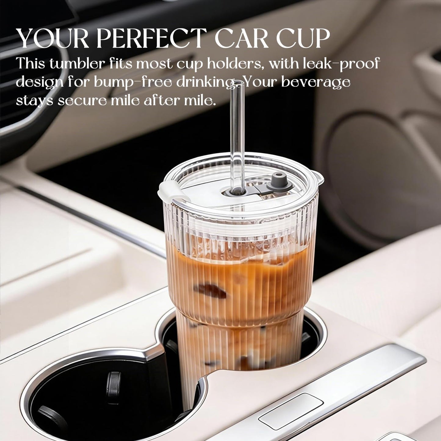20oz Ribbed Glass Tumblers with Bamboo Lids & Straws, Boba Cups | Stainless steel straws, bamboo & leak-proof dual lids. 13mm wide straw. Vintage. For boba, iced coffee, smoothies & travel.