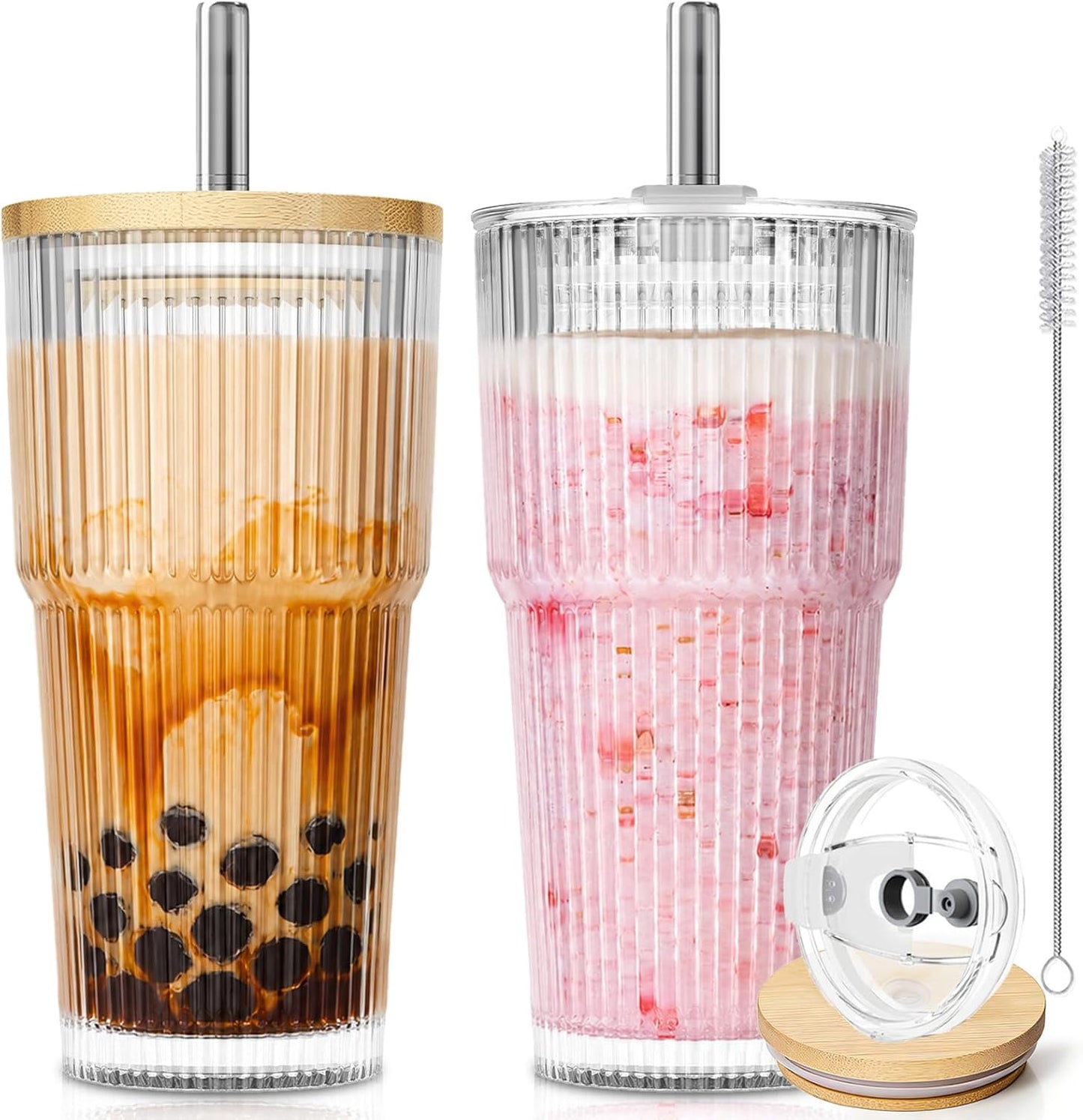 20oz Ribbed Glass Tumblers with Bamboo Lids & Straws, Boba Cups | Stainless steel straws, bamboo & leak-proof dual lids. 13mm wide straw. Vintage. For boba, iced coffee, smoothies & travel.