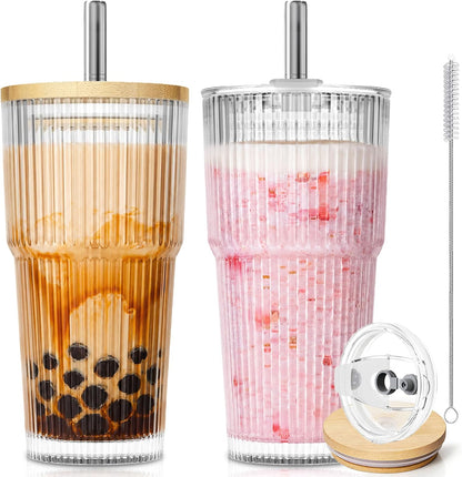 20oz Ribbed Glass Tumblers with Bamboo Lids & Straws, Boba Cups | Stainless steel straws, bamboo & leak-proof dual lids. 13mm wide straw. Vintage. For boba, iced coffee, smoothies & travel.