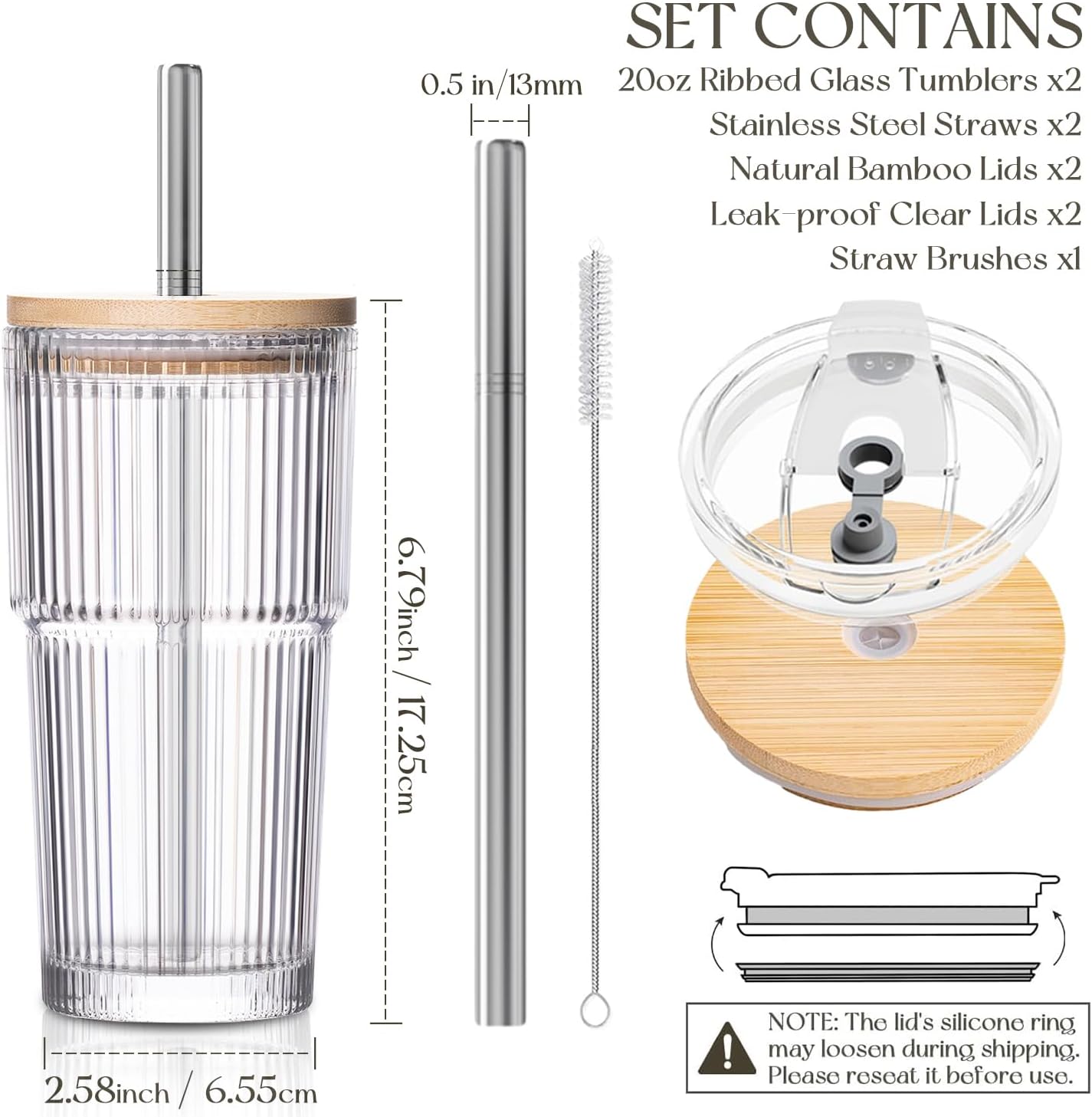 20oz Ribbed Glass Tumblers with Bamboo Lids & Straws, Boba Cups | Stainless steel straws, bamboo & leak-proof dual lids. 13mm wide straw. Vintage. For boba, iced coffee, smoothies & travel.