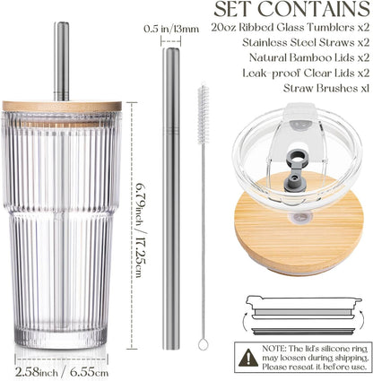 20oz Ribbed Glass Tumblers with Bamboo Lids & Straws, Boba Cups | Stainless steel straws, bamboo & leak-proof dual lids. 13mm wide straw. Vintage. For boba, iced coffee, smoothies & travel.