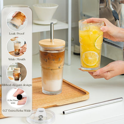 20oz Ribbed Glass Tumblers with Bamboo Lids & Straws, Boba Cups | Stainless steel straws, bamboo & leak-proof dual lids. 13mm wide straw. Vintage. For boba, iced coffee, smoothies & travel.