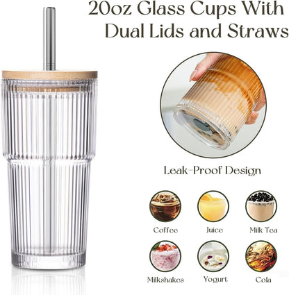 20oz Ribbed Glass Tumblers with Bamboo Lids & Straws, Boba Cups | Stainless steel straws, bamboo & leak-proof dual lids. 13mm wide straw. Vintage. For boba, iced coffee, smoothies & travel.