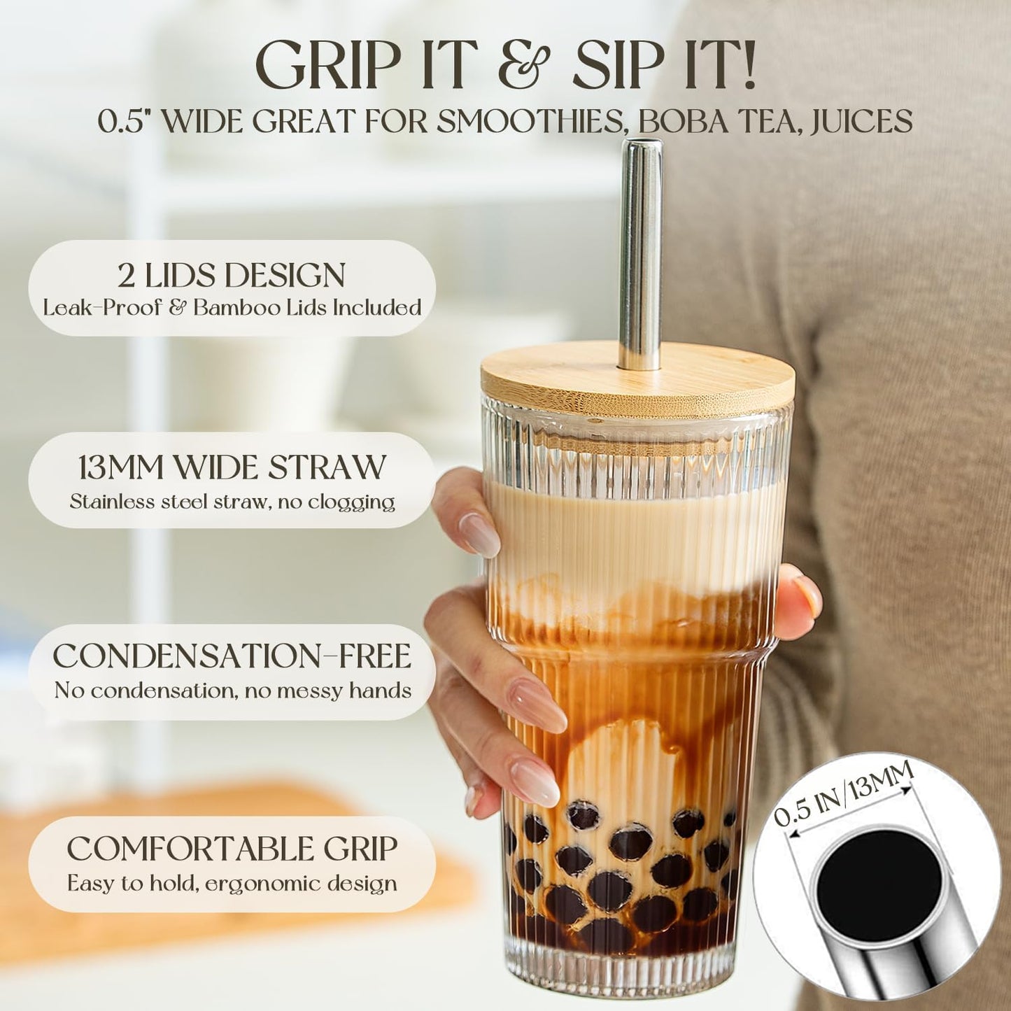 20oz Ribbed Glass Tumblers with Bamboo Lids & Straws, Boba Cups | Stainless steel straws, bamboo & leak-proof dual lids. 13mm wide straw. Vintage. For boba, iced coffee, smoothies & travel.