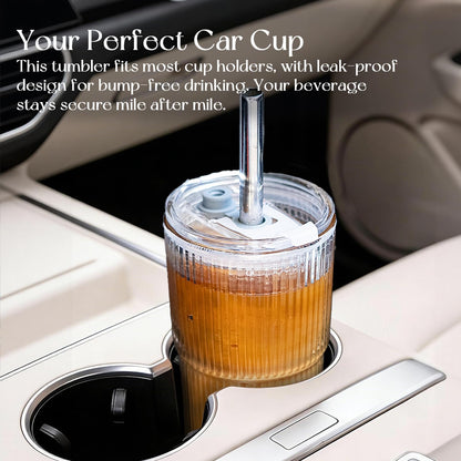 20oz Ribbed Glass Tumblers with Bamboo Lids & Straws, Boba Cups | Stainless steel straws, bamboo & leak-proof dual lids. 13mm wide straw. Vintage. For boba, iced coffee, smoothies & travel.