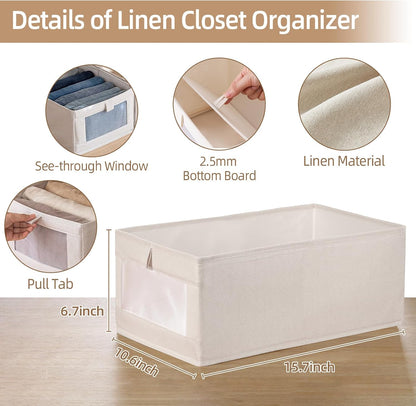 Linen Closet Organizers And Storage, 4 Pack Storage Bins Baskets for Organization Foldable Organizer with Clear Window Organizing Clothing, Jeans, Shelves