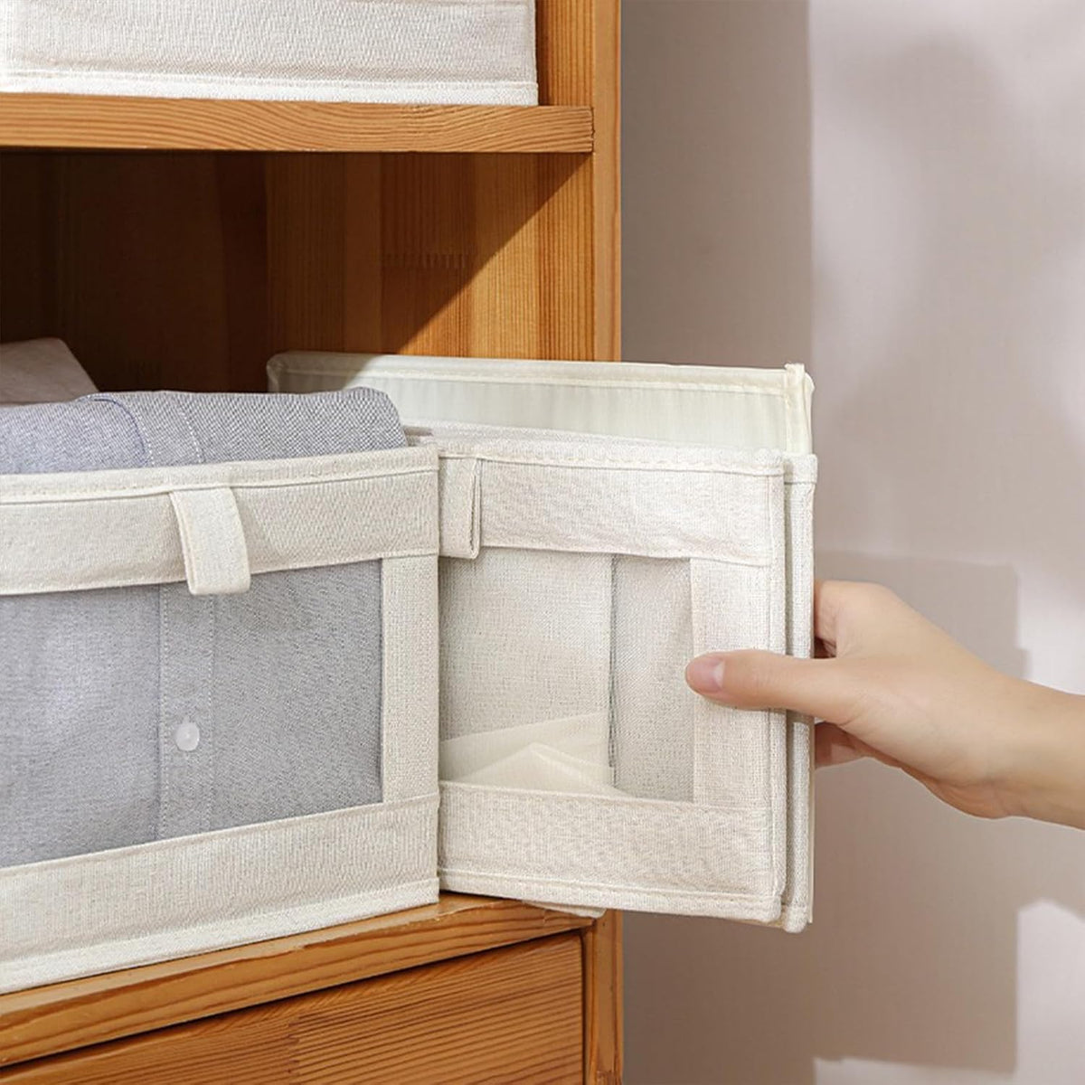 Linen Closet Organizers And Storage, 4 Pack Storage Bins Baskets for Organization Foldable Organizer with Clear Window Organizing Clothing, Jeans, Shelves