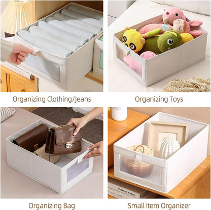 Linen Closet Organizers And Storage, 4 Pack Storage Bins Baskets for Organization Foldable Organizer with Clear Window Organizing Clothing, Jeans, Shelves
