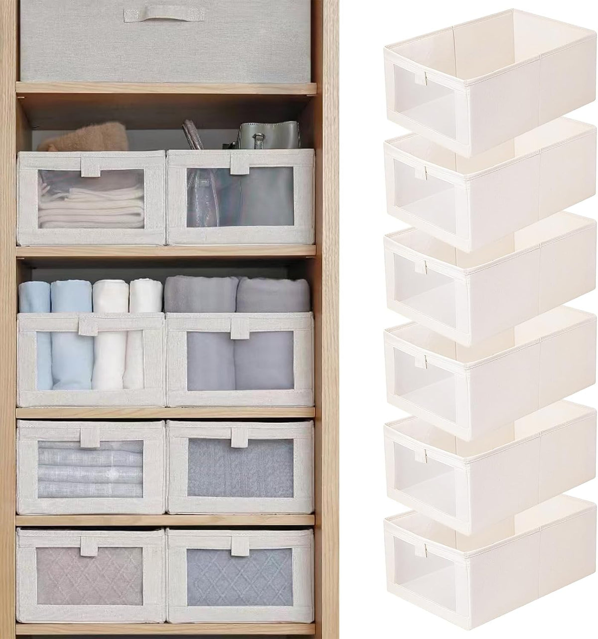 Linen Closet Organizers And Storage, 4 Pack Storage Bins Baskets for Organization Foldable Organizer with Clear Window Organizing Clothing, Jeans, Shelves