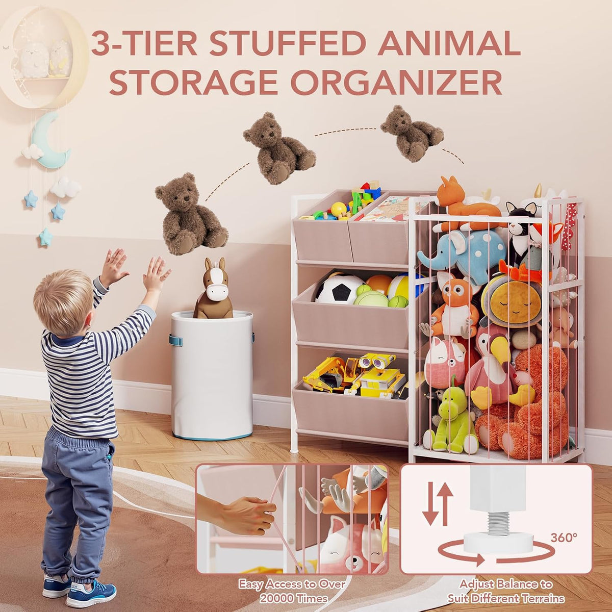 Toy Storage Organizer, Stuffed Animal Storage with 4 Removable Bins