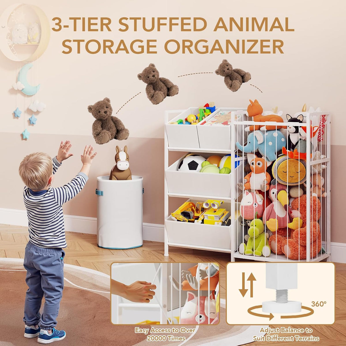 Toy Storage Organizer, Stuffed Animal Storage with 4 Removable Bins
