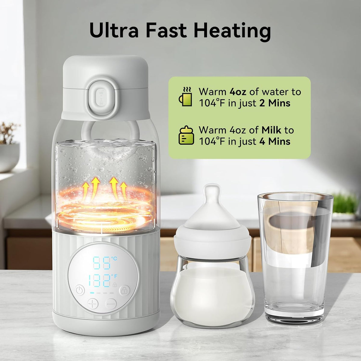 Portable Breast Milk Bottle Warmer,100W Fast Heat Precise Temp Control,13.5oz Large Capacity for Car Travel Outdoor Grey