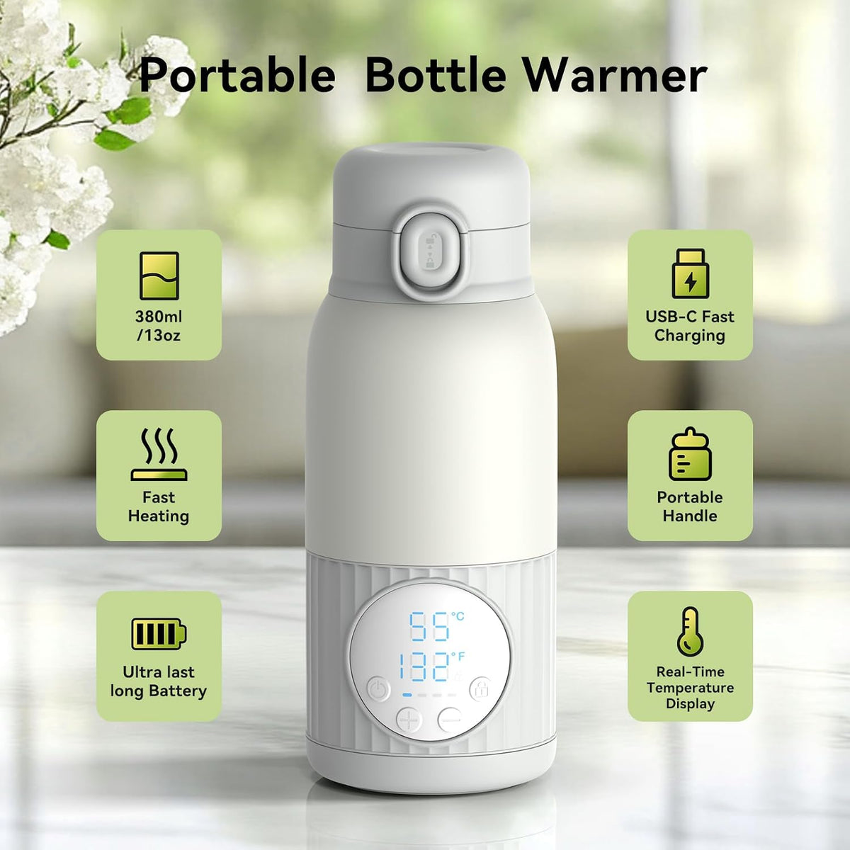 Portable Breast Milk Bottle Warmer,100W Fast Heat Precise Temp Control,13.5oz Large Capacity for Car Travel Outdoor Grey