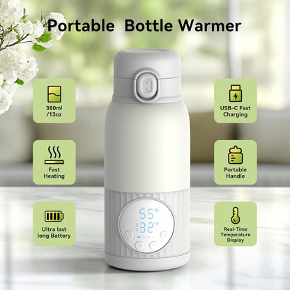 Portable Breast Milk Bottle Warmer,100W Fast Heat Precise Temp Control,13.5oz Large Capacity for Car Travel Outdoor Grey