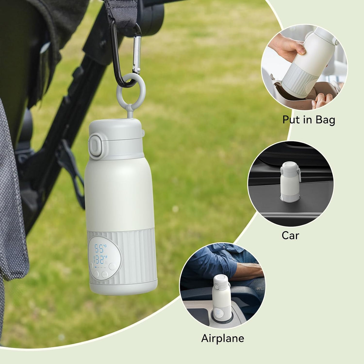 Portable Breast Milk Bottle Warmer,100W Fast Heat Precise Temp Control,13.5oz Large Capacity for Car Travel Outdoor Grey