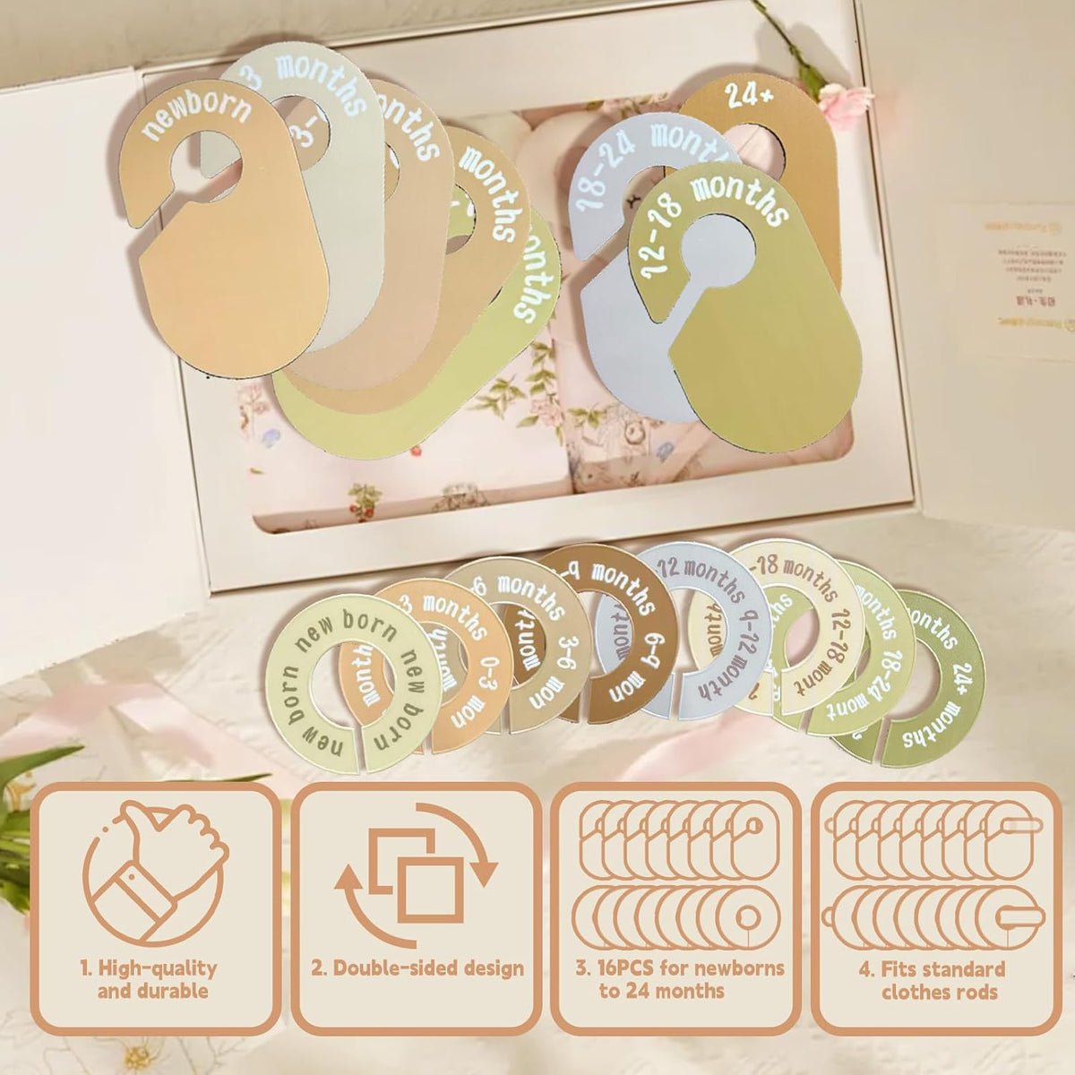 16PCS Baby Closet Dividers, Baby Clothes Organizer for Closet, Nursery Decor Hanger Dividers from Newborn to 24+ Months, Easily Organizing Little Baby Girls or Boys Room
