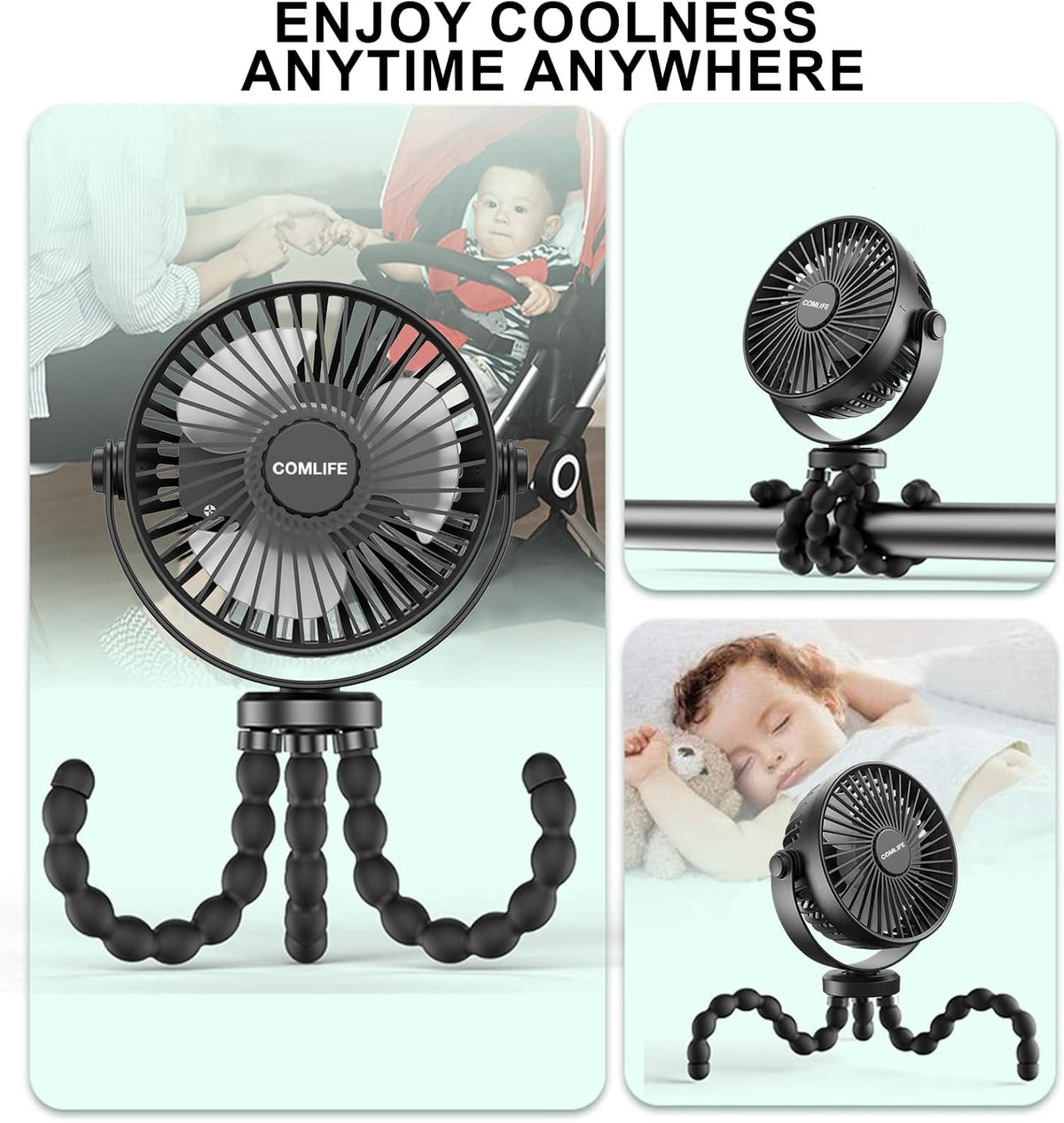 Baby Stroller Fan With Light, Rechargeable Battery Operated, Max 10Hrs Cooling, 3 Speeds, 360° Rotate USB Desk Fan, Flexible Tripod Clip On Fan for Stroller Car Seat Crib Treadmill Golf Cart