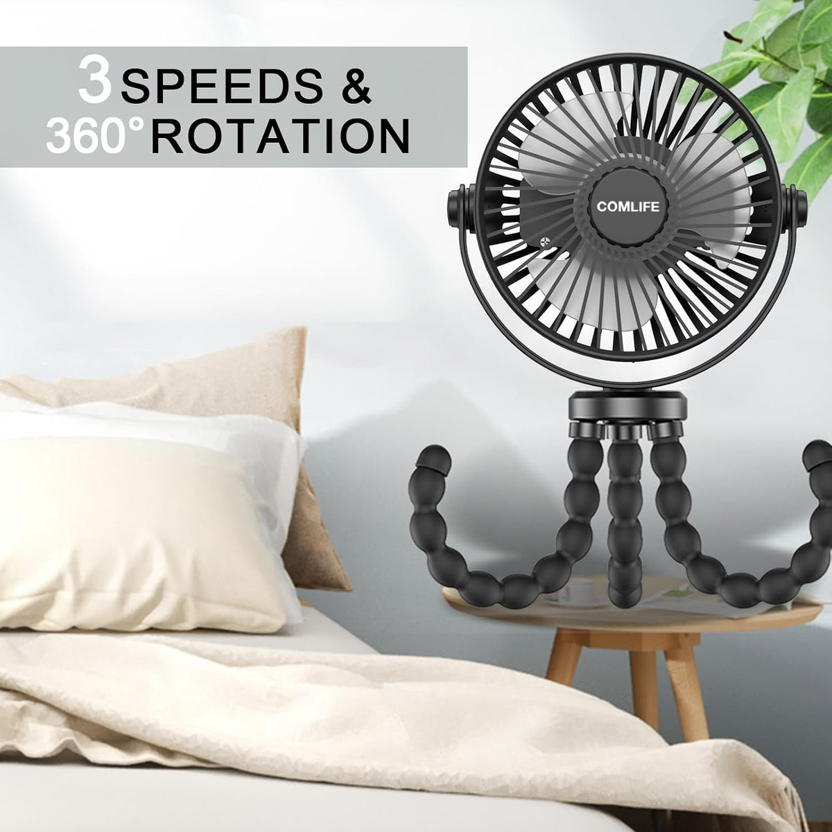 Baby Stroller Fan With Light, Rechargeable Battery Operated, Max 10Hrs Cooling, 3 Speeds, 360° Rotate USB Desk Fan, Flexible Tripod Clip On Fan for Stroller Car Seat Crib Treadmill Golf Cart