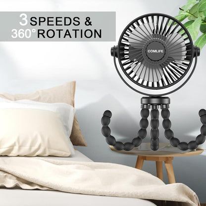 Baby Stroller Fan With Light, Rechargeable Battery Operated, Max 10Hrs Cooling, 3 Speeds, 360° Rotate USB Desk Fan, Flexible Tripod Clip On Fan for Stroller Car Seat Crib Treadmill Golf Cart