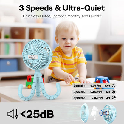 Baby Stroller Fan With Light, Rechargeable Battery Operated, Max 10Hrs Cooling, 3 Speeds, 360° Rotate USB Desk Fan, Flexible Tripod Clip On Fan for Stroller Car Seat Crib Treadmill Golf Cart