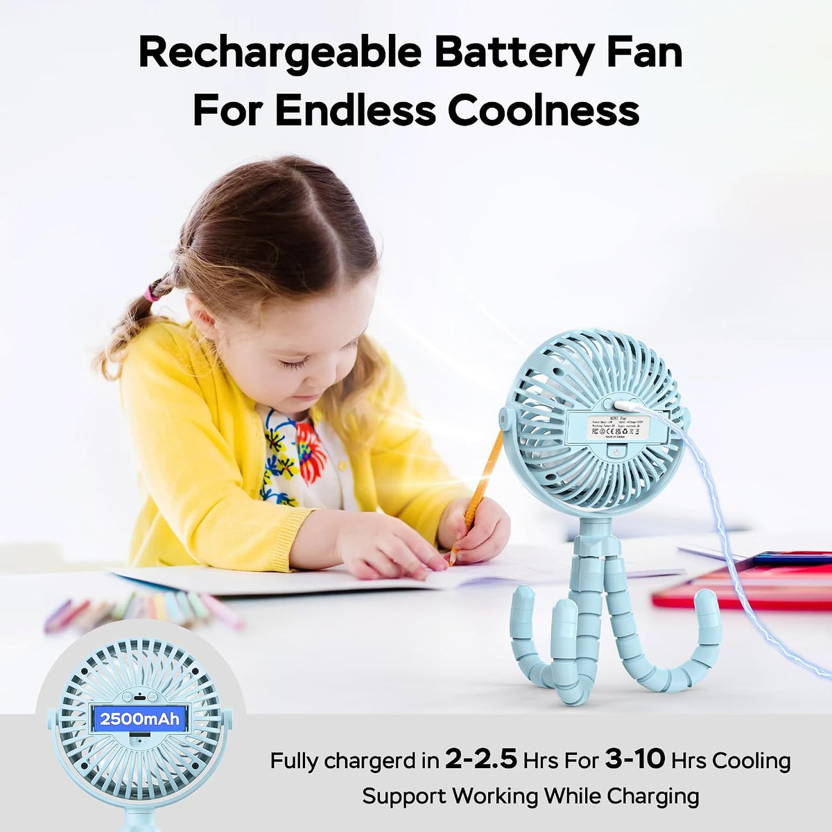 Baby Stroller Fan With Light, Rechargeable Battery Operated, Max 10Hrs Cooling, 3 Speeds, 360° Rotate USB Desk Fan, Flexible Tripod Clip On Fan for Stroller Car Seat Crib Treadmill Golf Cart