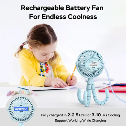Baby Stroller Fan With Light, Rechargeable Battery Operated, Max 10Hrs Cooling, 3 Speeds, 360° Rotate USB Desk Fan, Flexible Tripod Clip On Fan for Stroller Car Seat Crib Treadmill Golf Cart