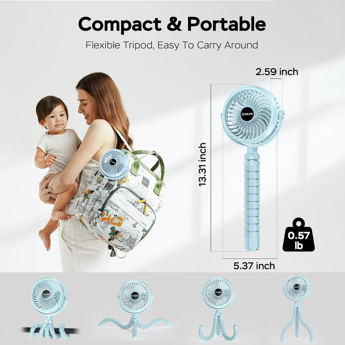 Baby Stroller Fan With Light, Rechargeable Battery Operated, Max 10Hrs Cooling, 3 Speeds, 360° Rotate USB Desk Fan, Flexible Tripod Clip On Fan for Stroller Car Seat Crib Treadmill Golf Cart