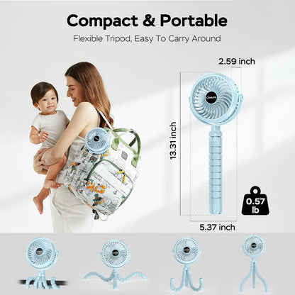Baby Stroller Fan With Light, Rechargeable Battery Operated, Max 10Hrs Cooling, 3 Speeds, 360° Rotate USB Desk Fan, Flexible Tripod Clip On Fan for Stroller Car Seat Crib Treadmill Golf Cart