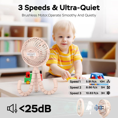 Baby Stroller Fan With Light, Rechargeable Battery Operated, Max 10Hrs Cooling, 3 Speeds, 360° Rotate USB Desk Fan, Flexible Tripod Clip On Fan for Stroller Car Seat Crib Treadmill Golf Cart