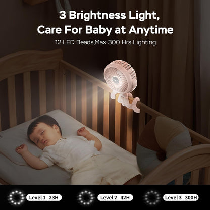 Baby Stroller Fan With Light, Rechargeable Battery Operated, Max 10Hrs Cooling, 3 Speeds, 360° Rotate USB Desk Fan, Flexible Tripod Clip On Fan for Stroller Car Seat Crib Treadmill Golf Cart