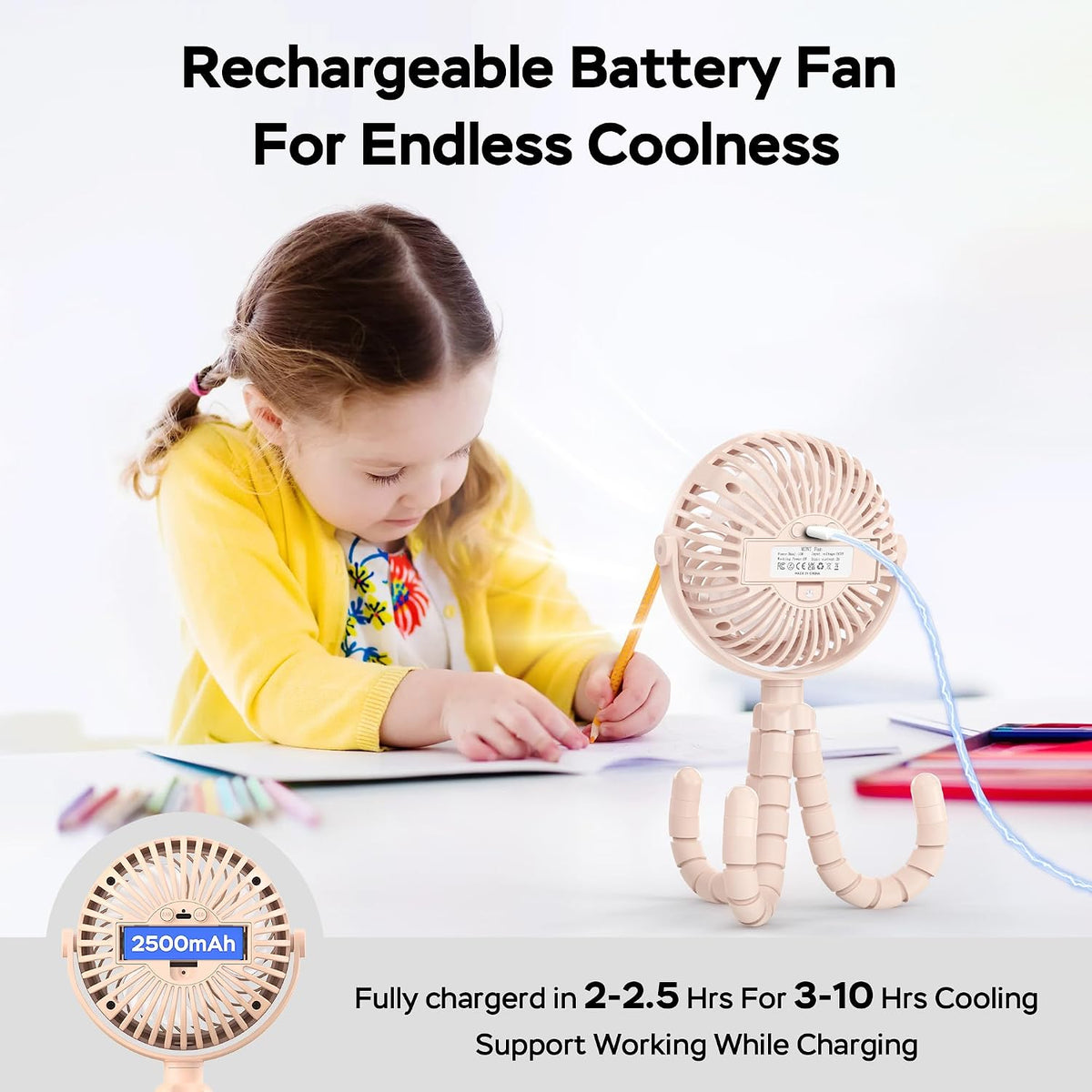 Baby Stroller Fan With Light, Rechargeable Battery Operated, Max 10Hrs Cooling, 3 Speeds, 360° Rotate USB Desk Fan, Flexible Tripod Clip On Fan for Stroller Car Seat Crib Treadmill Golf Cart