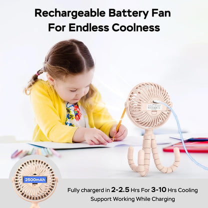 Baby Stroller Fan With Light, Rechargeable Battery Operated, Max 10Hrs Cooling, 3 Speeds, 360° Rotate USB Desk Fan, Flexible Tripod Clip On Fan for Stroller Car Seat Crib Treadmill Golf Cart